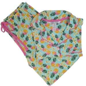 Pillow Talk Tropical Pineapple Print PJ Set Short Sleeve Top Pants Aqua M NWT